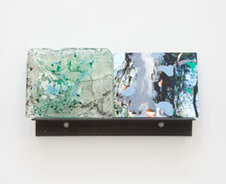 IN THE TREES, 2014, Acrylic dispersion and glass beads on archival inkjet print on plate glass, with cast glass panel and steel bracket, 27 x 14 x 4 in